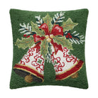 Bells Hooked Wool Christmas Throw Pillow, 16x16 inch, front view
