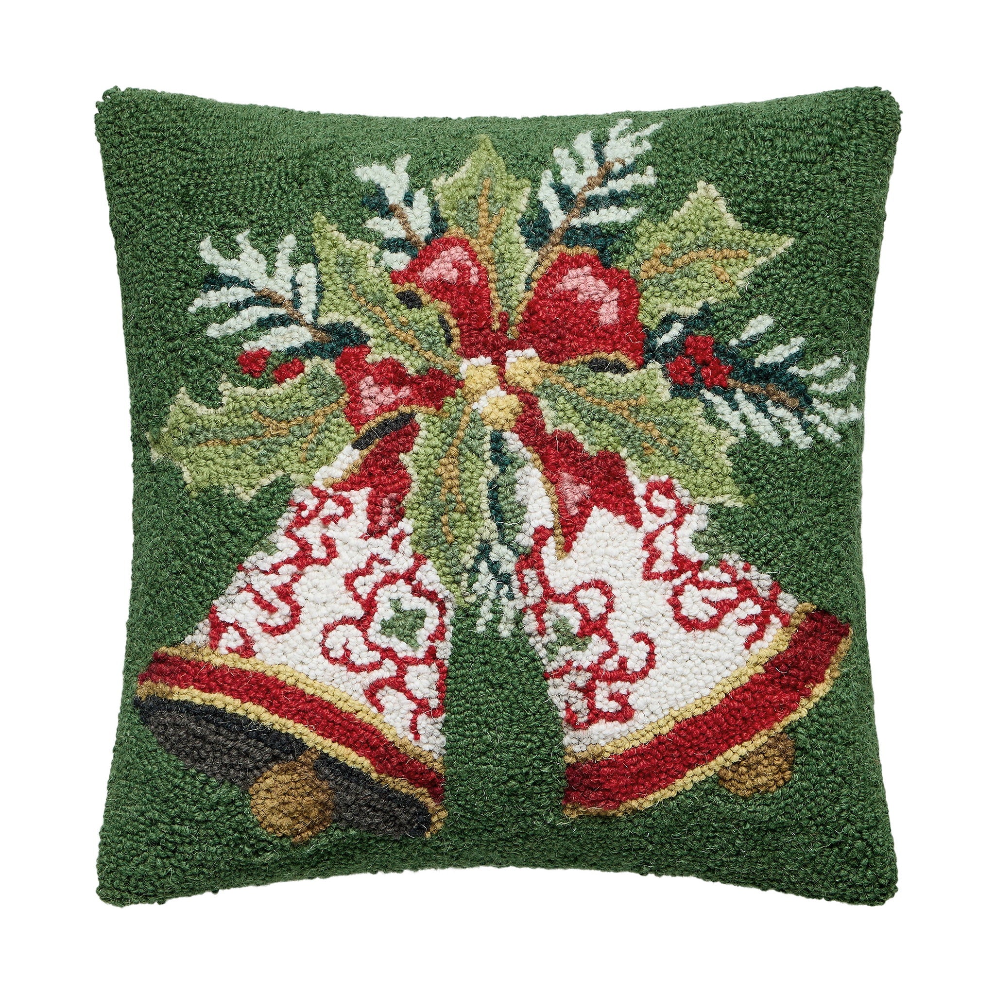 Bells Hooked Wool Christmas Throw Pillow, 16x16 inch, front view