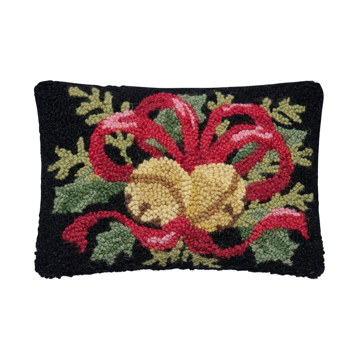 Bells & Ribbon with Foliage Hooked Wool Christmas Throw Pillow, 8x12 inch, front view