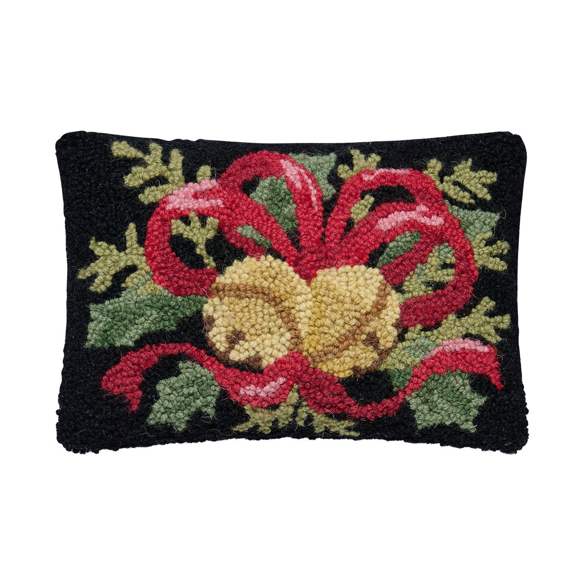 Bells & Ribbon with Foliage Hooked Wool Christmas Throw Pillow, 8x12 inch, front view