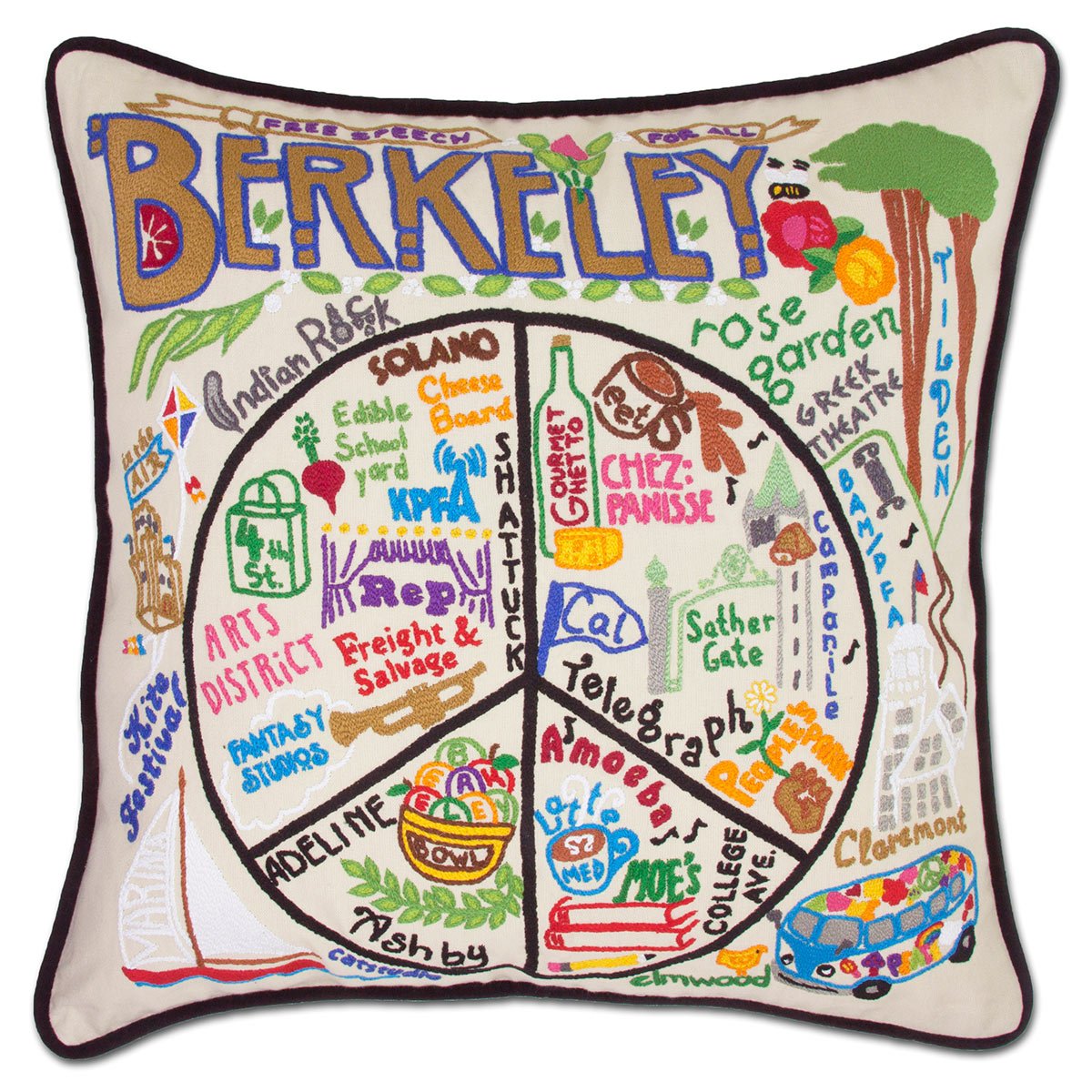 Berkeley, CA University City hand-embroidered throw pillow featuring school colors and mascot imagery