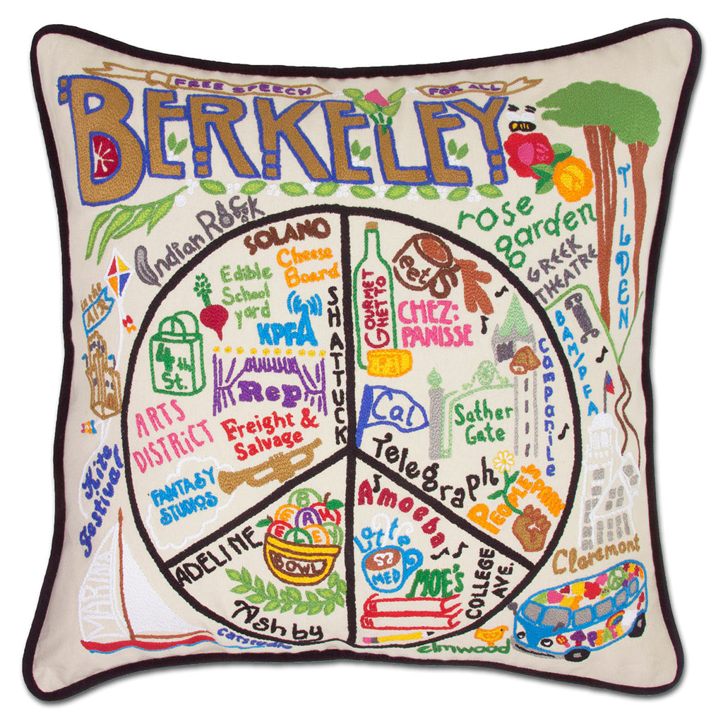 Berkeley, CA University City embroidered throw pillow with cityscape.