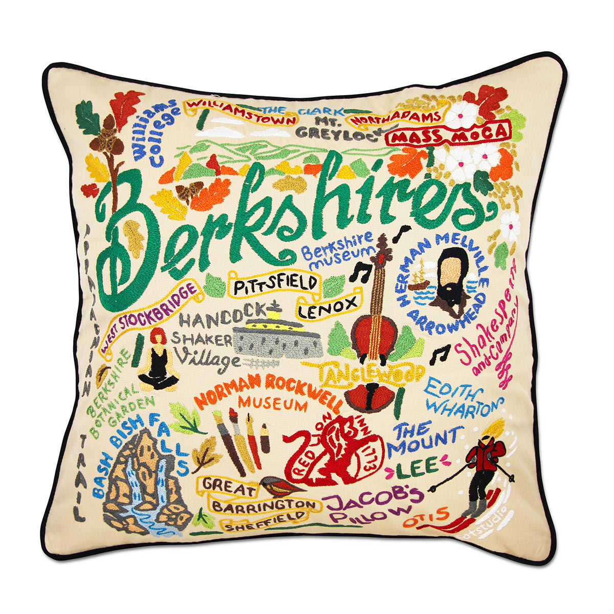 Berkshires Mass State embroidered throw pillow with scenic views.