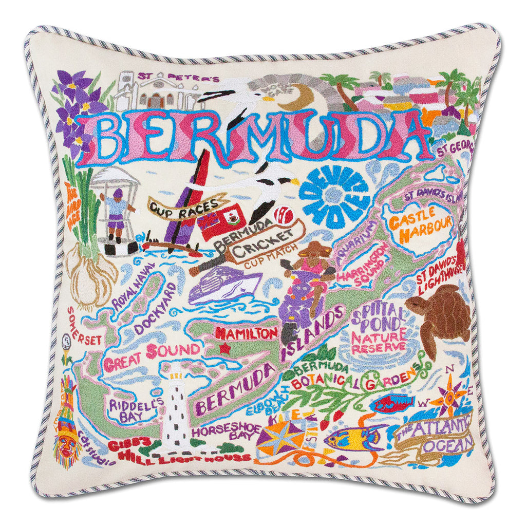 Bermuda Tropical Paradise embroidered throw pillow with island imagery.