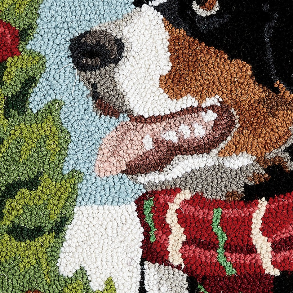 Bernese Mountain Dog Hooked Wool Christmas Throw Pillow, close-up detail
