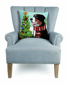 Bernese Mountain Dog Hooked Wool Christmas Throw Pillow on an armchair, showing the throw pillow at room scale, 18x18 inch