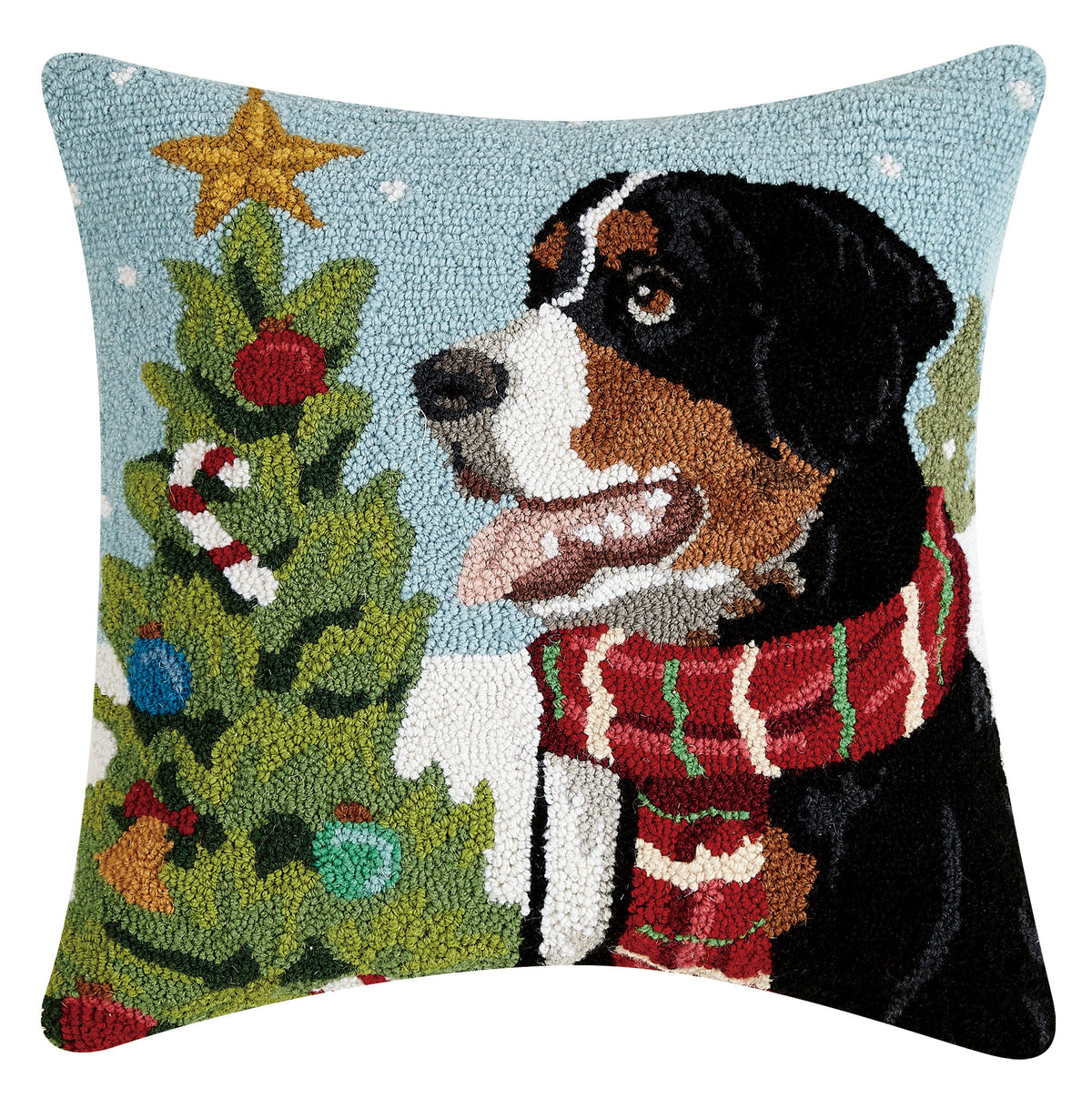 Bernese Mountain Dog Hooked Wool Christmas Throw Pillow, 18x18 inch, front view