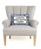 Better Lovers Embroidered Needlepoint Throw Pillow on an armchair, showing the throw pillow at room scale, 10x14 inch