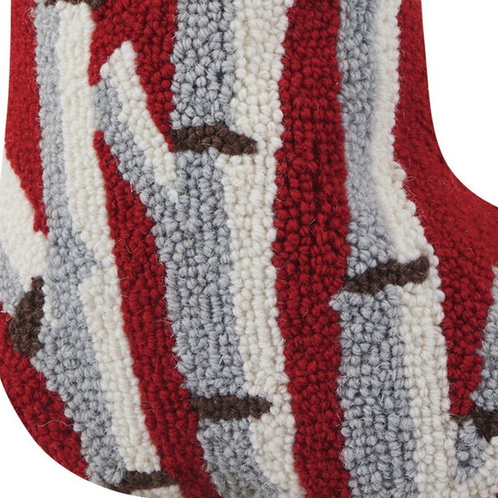 Closeup of Birch Trees Hooked Wool Christmas Stocking showing stitch texture and craftsmanship detail