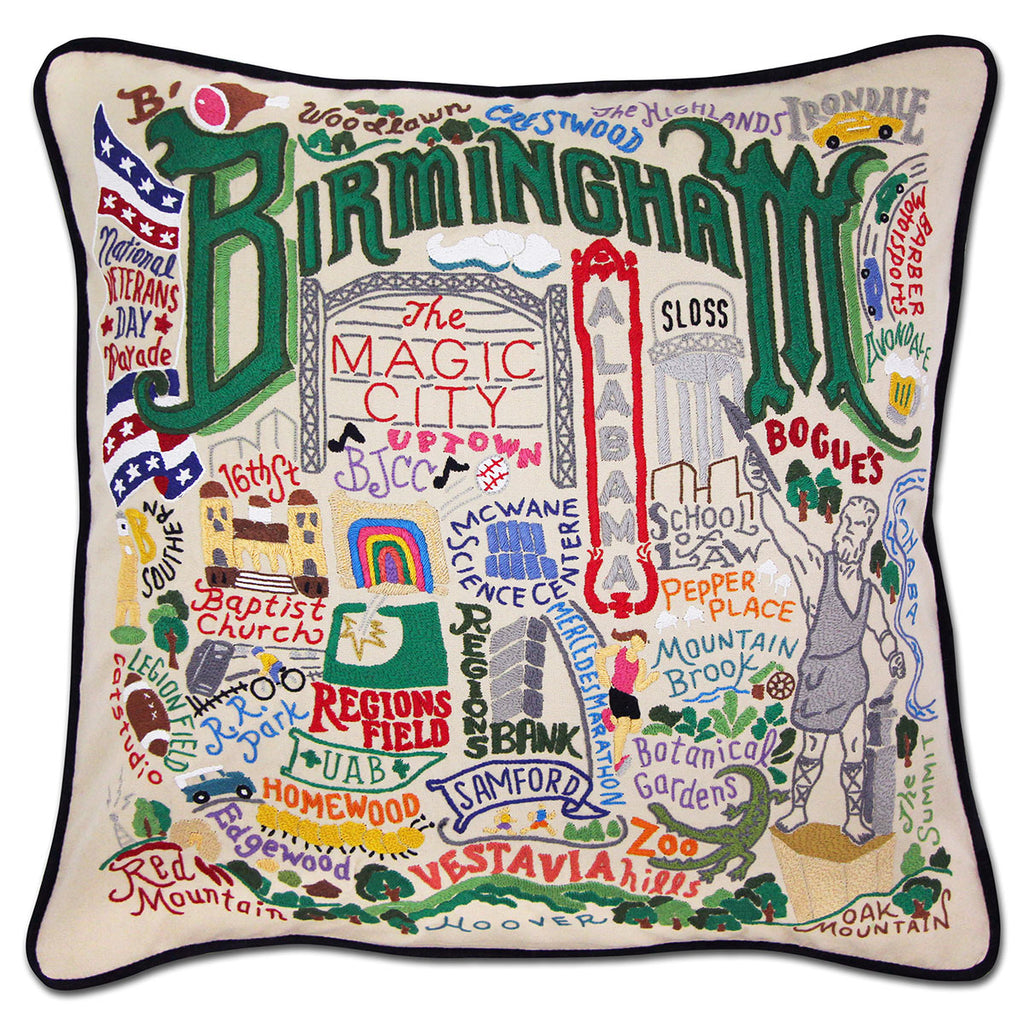 Birmingham, AL Iron City embroidered throw pillow with industrial theme.