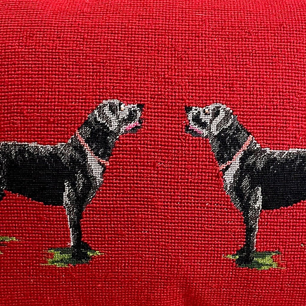Black Lab Dogs Classic Dog Lover pillow fabric closeup showing hand-embroidered needlepoint wool texture and color detail