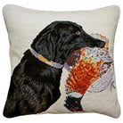 Black Lab Pheasant Hunters hand-embroidered throw pillow with rustic nature wildlife lodge design