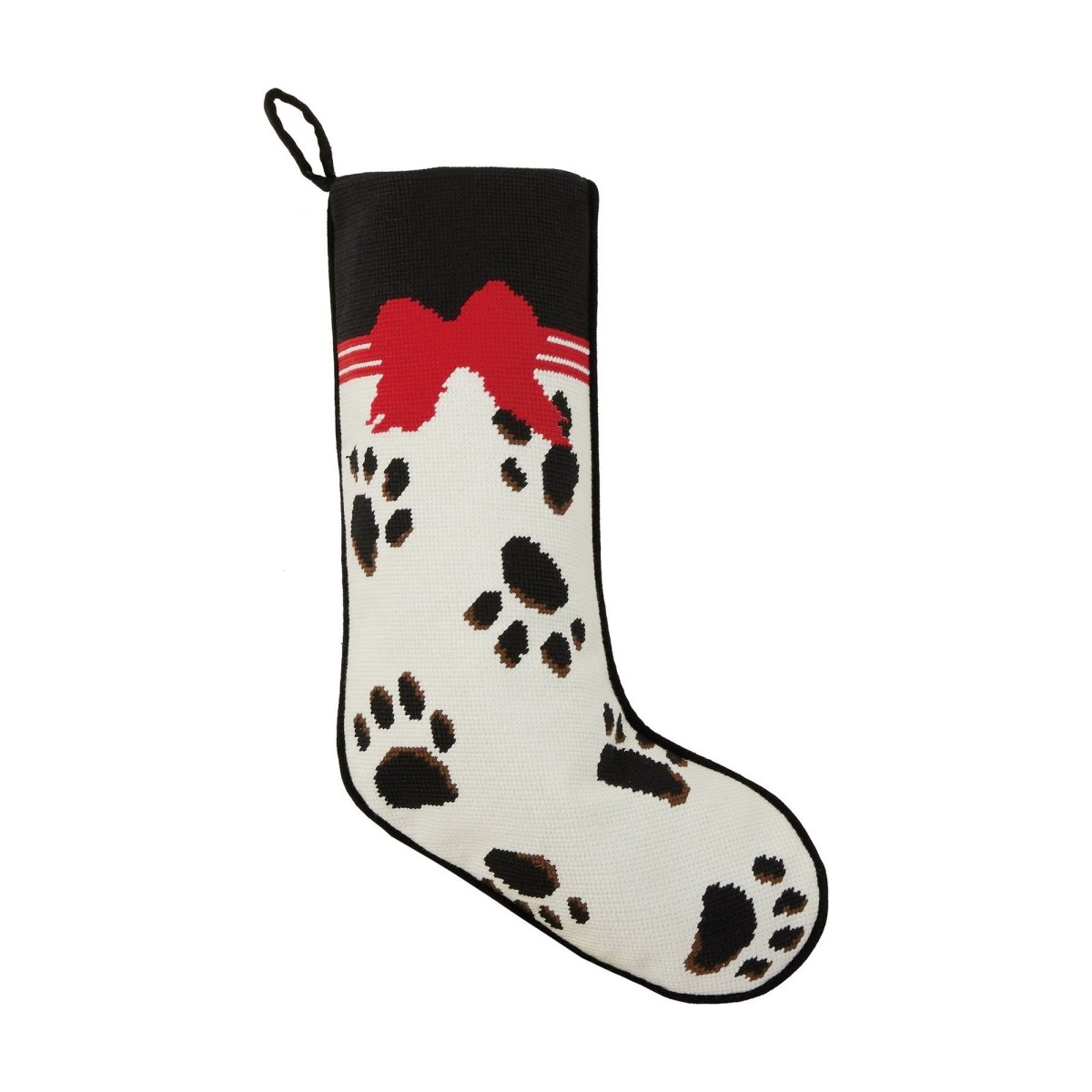 Black Paws on White Embroidered Christmas Stocking, 11x18 inch, front view