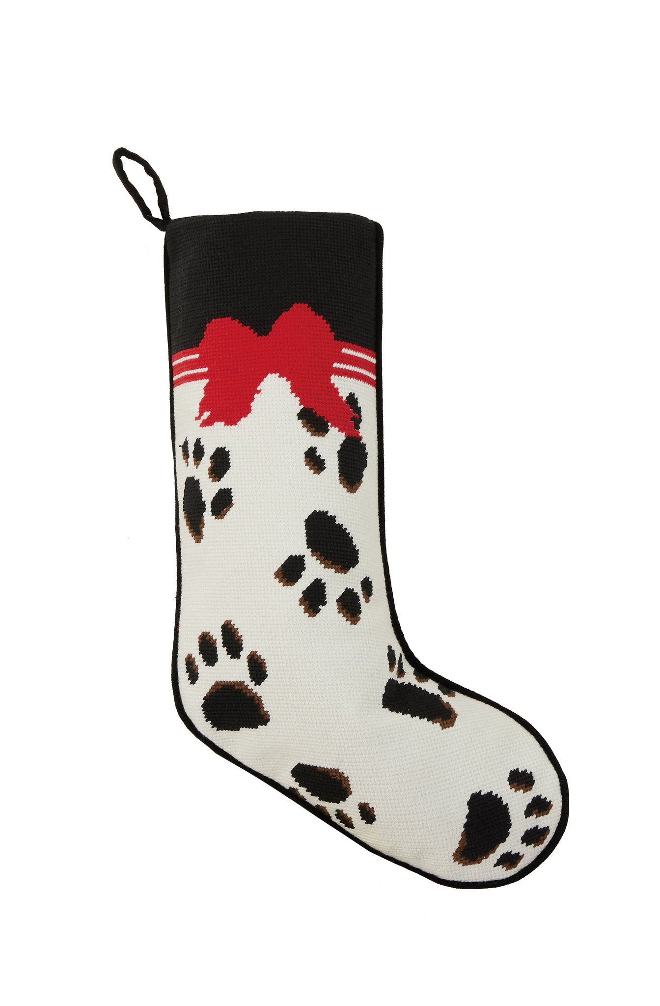 Black Paws on White Embroidered Christmas Stocking, 11x18 inch, front view