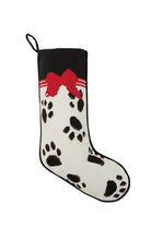 Black Paws on White Embroidered Christmas Stocking, 11x18 inch, front view
