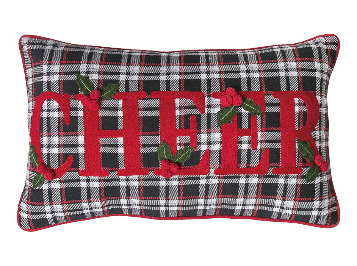 Black Plaid Cheer Embroidered Christmas Throw Pillow, 12x20 inch, closer view of the throw pillow