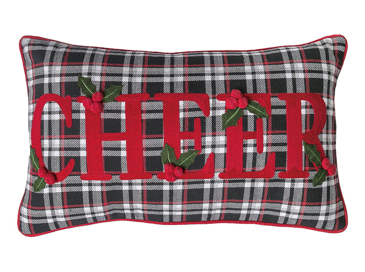 Black Plaid Cheer Embroidered Christmas Throw Pillow, 12x20 inch, closer view of the throw pillow