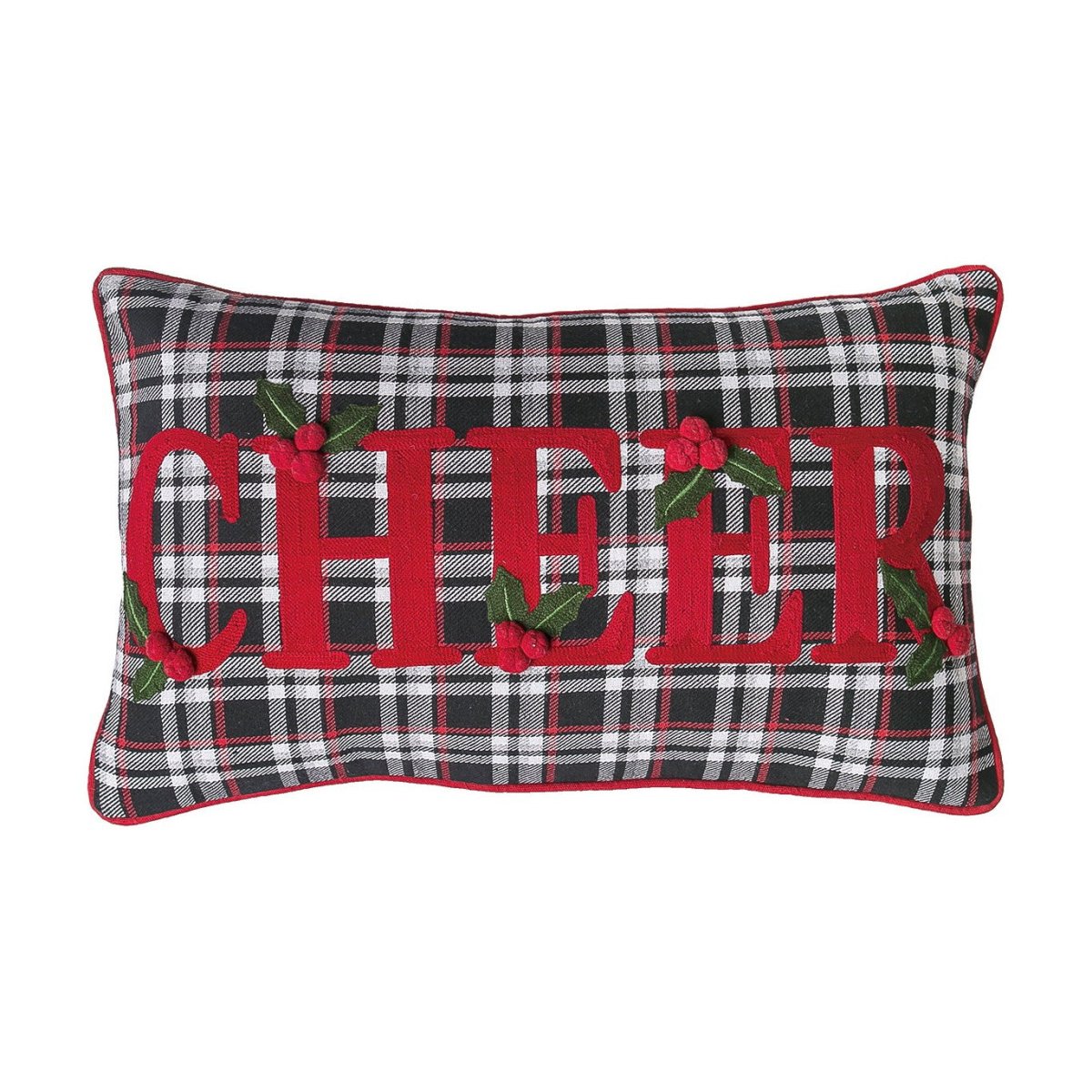 Black Plaid Cheer Embroidered Christmas Throw Pillow, 12x20 inch, front view