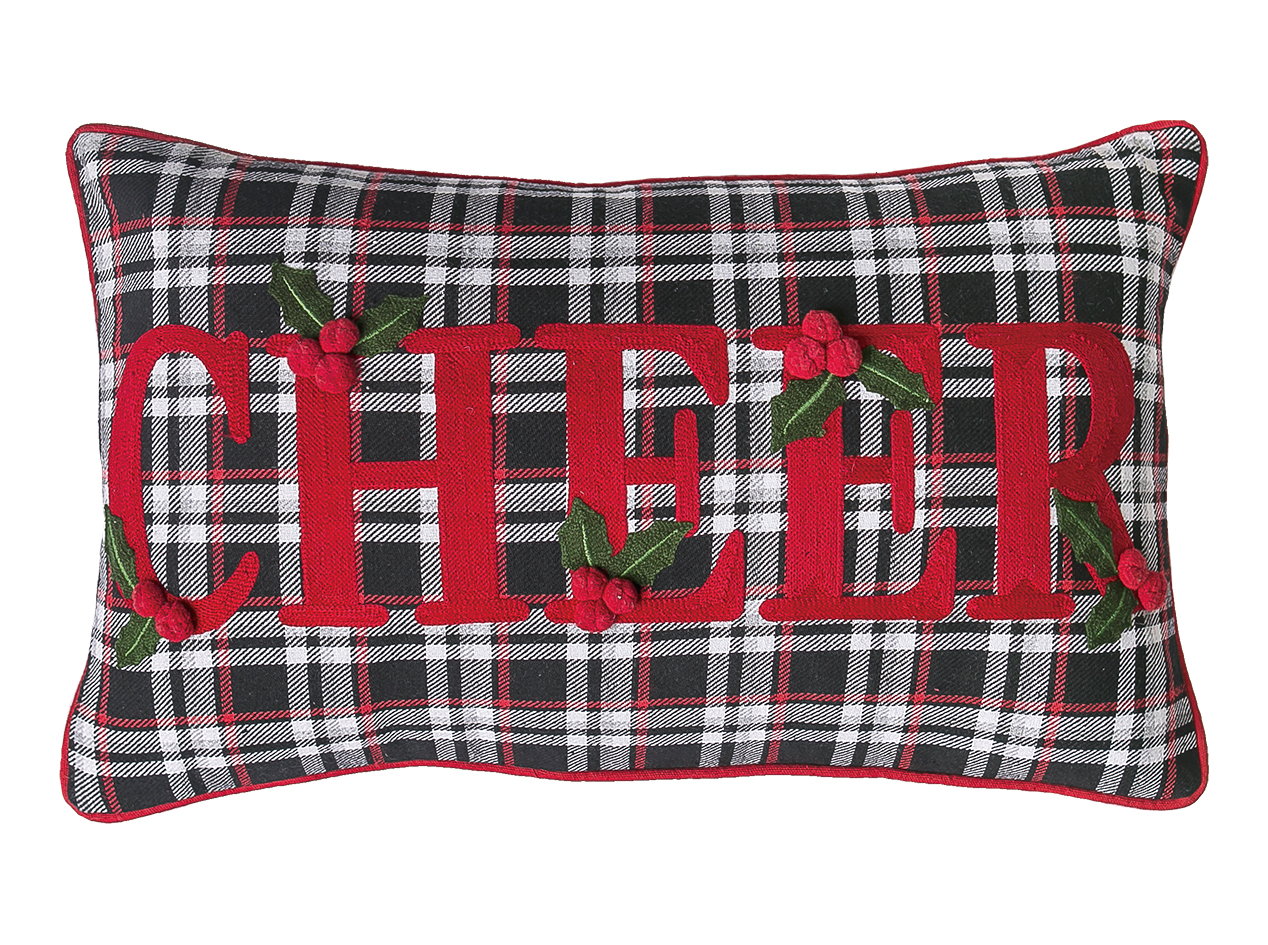 Black Plaid Cheer Embroidered Christmas Throw Pillow, 12x20 inch, front view