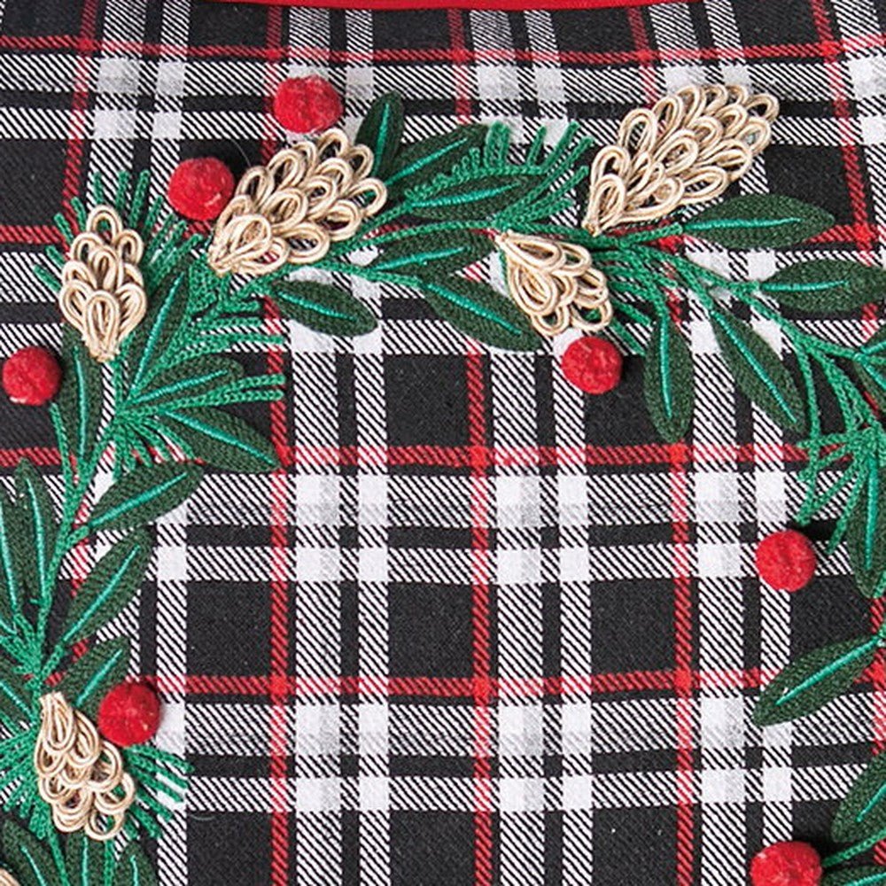 Closeup of Black Plaid Wreath Embroidered Christmas Throw Pillow showing stitch texture and craftsmanship detail