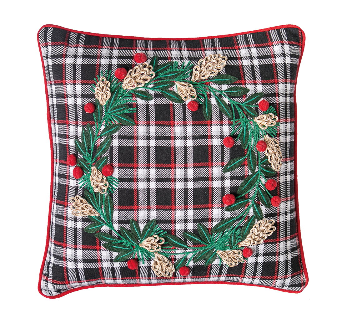 Black Plaid Wreath Embroidered Christmas Throw Pillow, 16x16 inch, front view