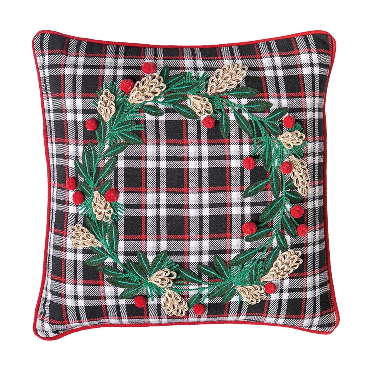 Black Plaid Wreath Embroidered Christmas Throw Pillow, 16x16 inch, front view
