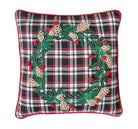 Black Plaid Wreath Embroidered Christmas Throw Pillow, 16x16 inch, front view