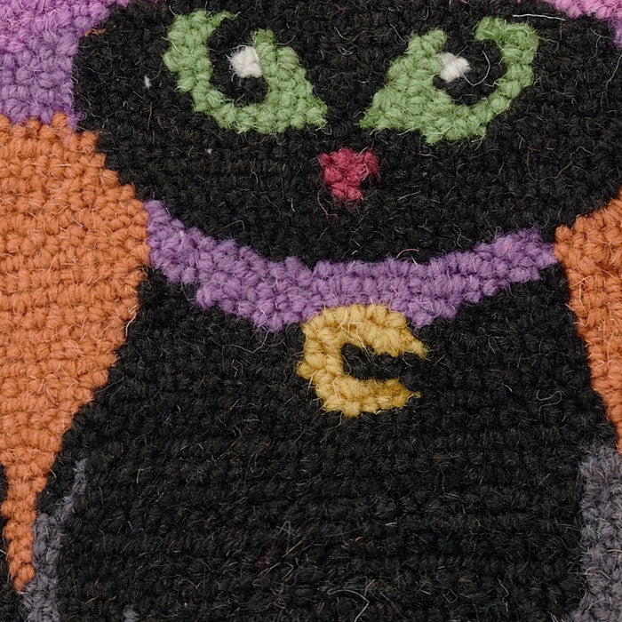 Black Witch Cat Hooked Wool Halloween Throw Pillow, close-up detail