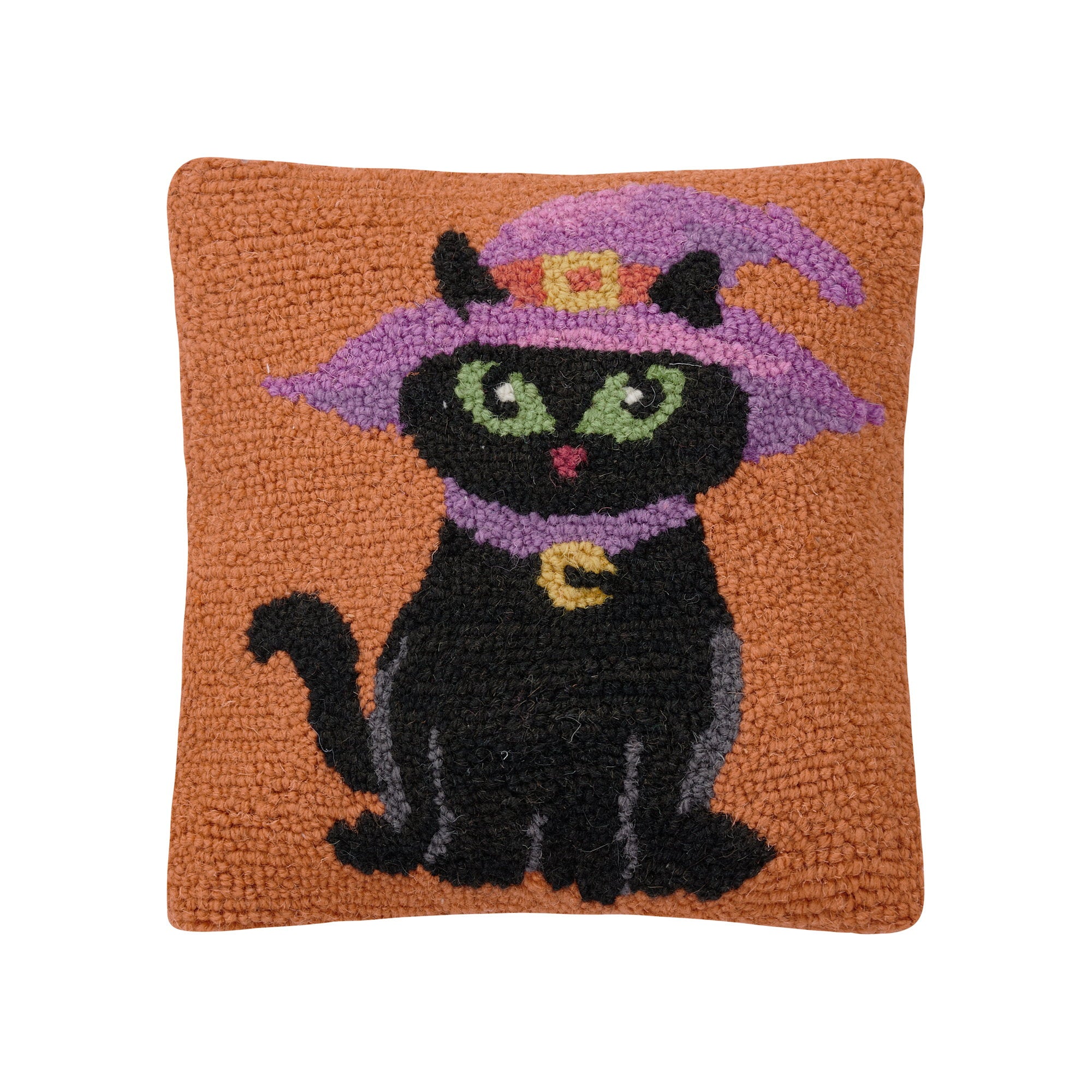 Black Witch Cat Hooked Wool Halloween Throw Pillow, 10x10 inch, front view