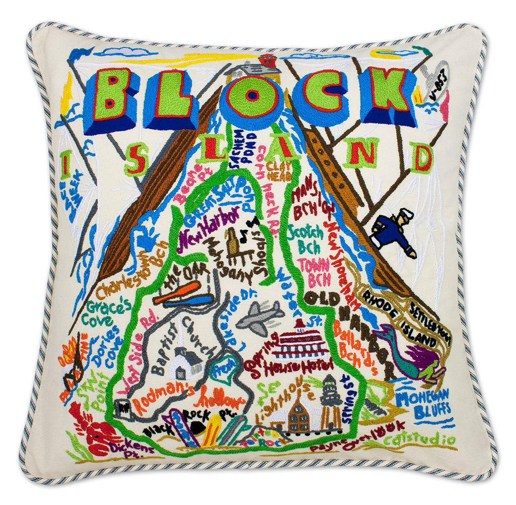 Block Island Coastal embroidered throw pillow with coastal scenery.