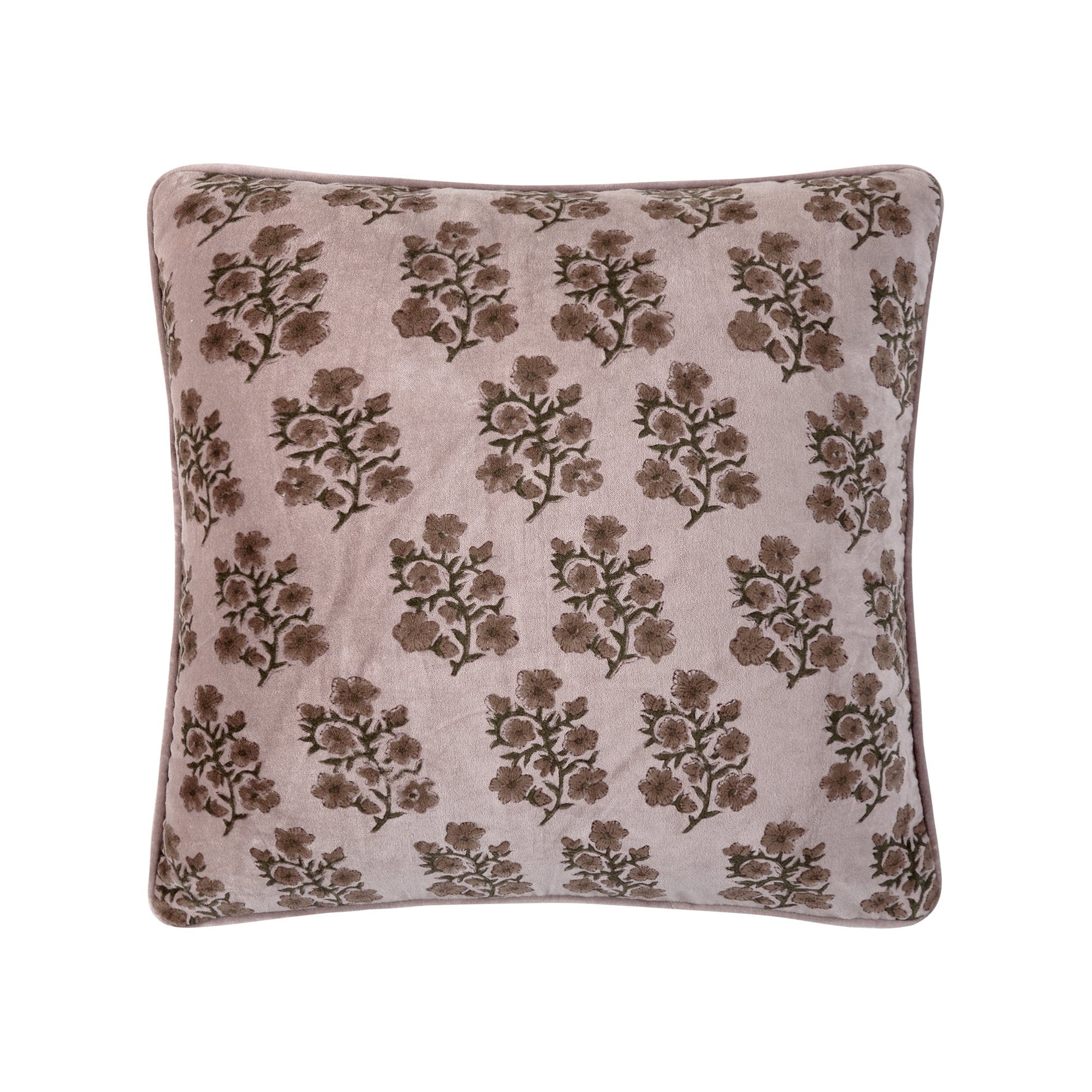 Block Print Velvet Lilac Flower Throw Pillow, 20x20 inch, front view