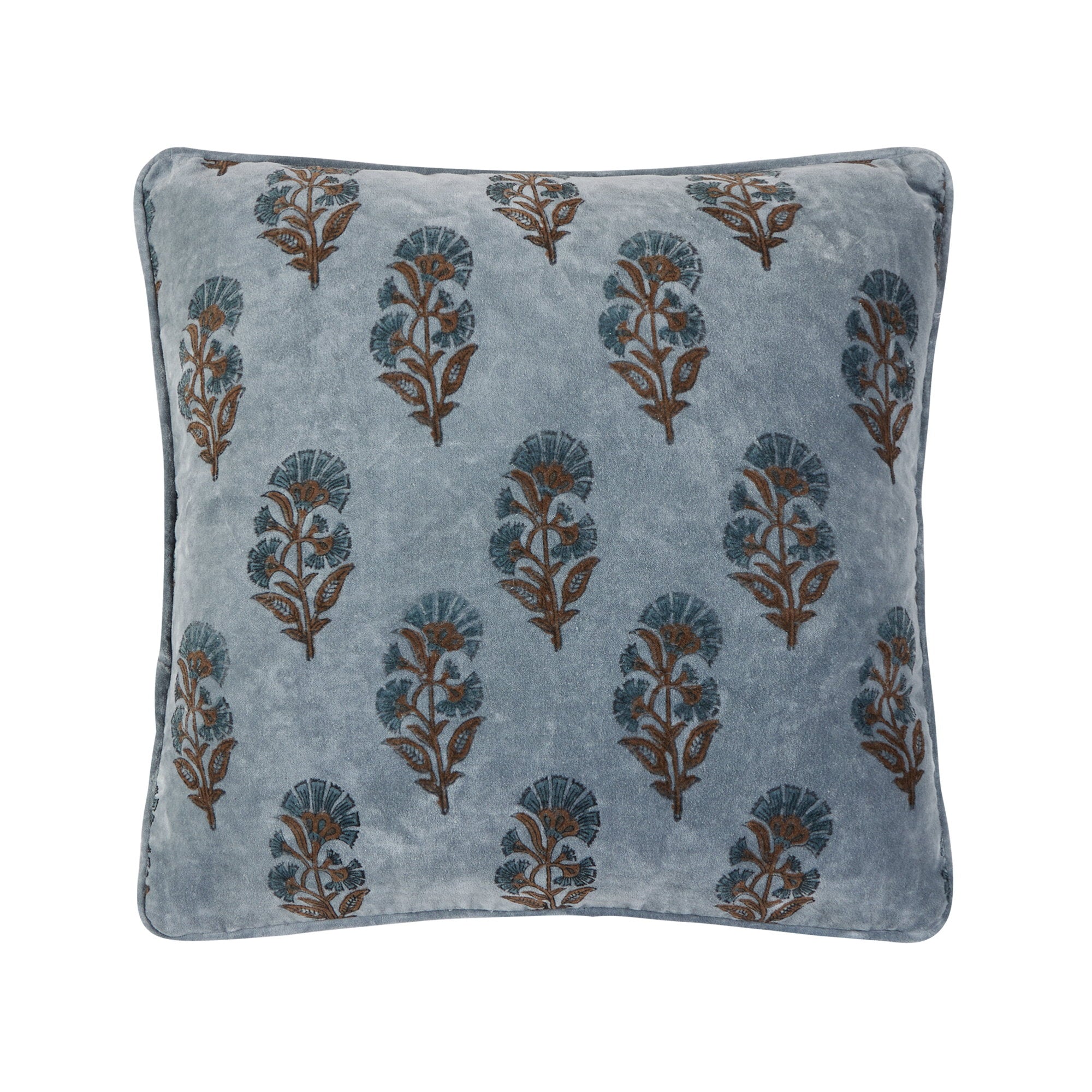 Block Print Velvet Mughal Flower Throw Pillow, 20x20 inch, front view