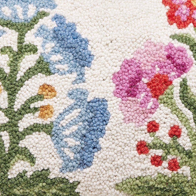 Blue and Magenta Mughal Flower Hooked Wool Throw Pillow, close-up detail