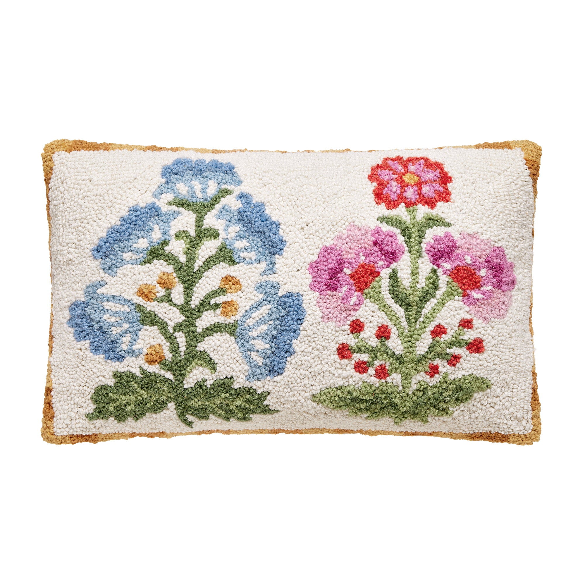 Blue and Magenta Mughal Flower Hooked Wool Throw Pillow, 12x20 inch, front view