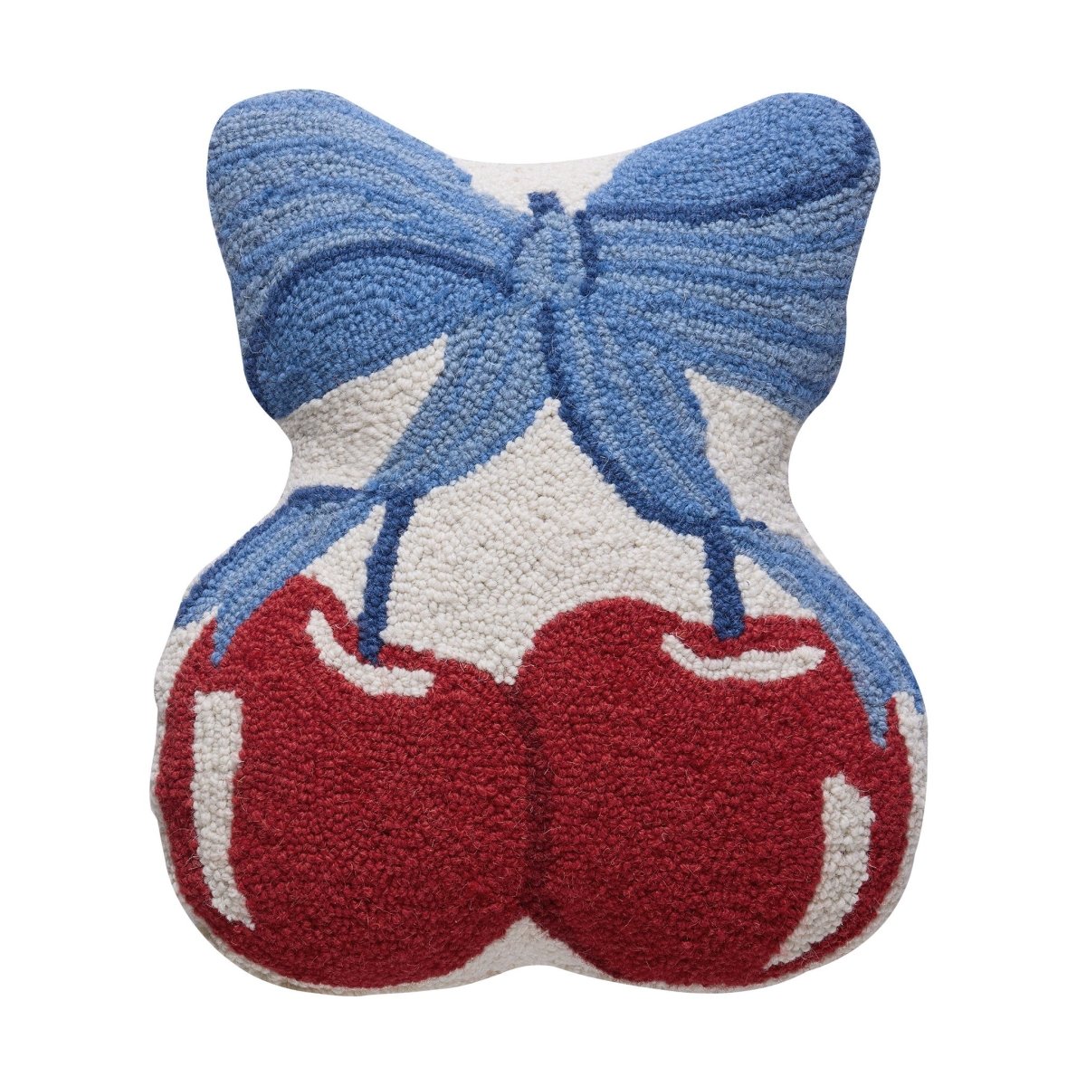 Blue Bow Shaped Cherries Hooked Wool Throw Pillow, 14x16 inch, front view