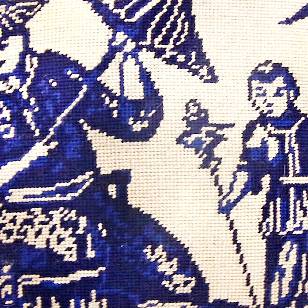 Blue Boy Bird Chinoiserie pillow fabric closeup showing hand-embroidered needlepoint wool texture and color detail