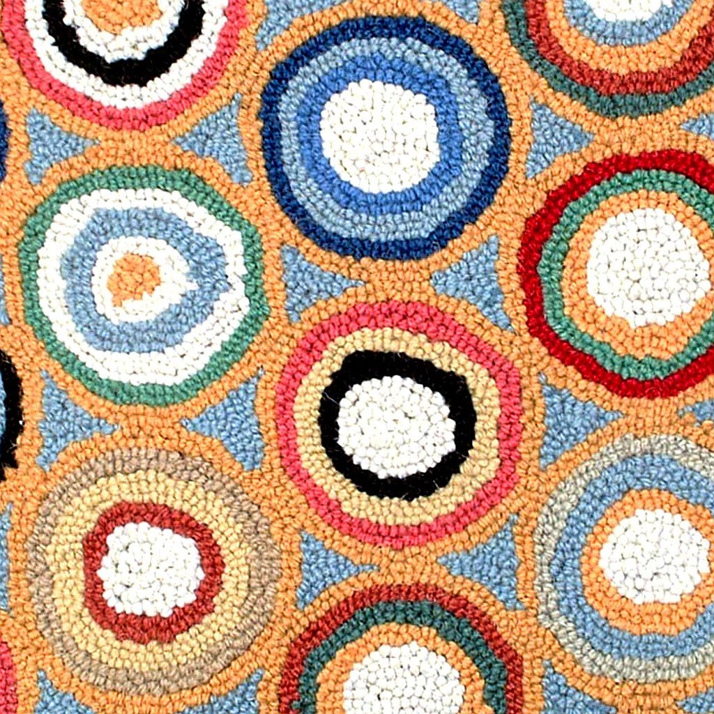 Hand-stitched wool detail of Blue Geometric Circles Pattern Wool Hooked needlepoint pillow showing intricate weave pattern and texture