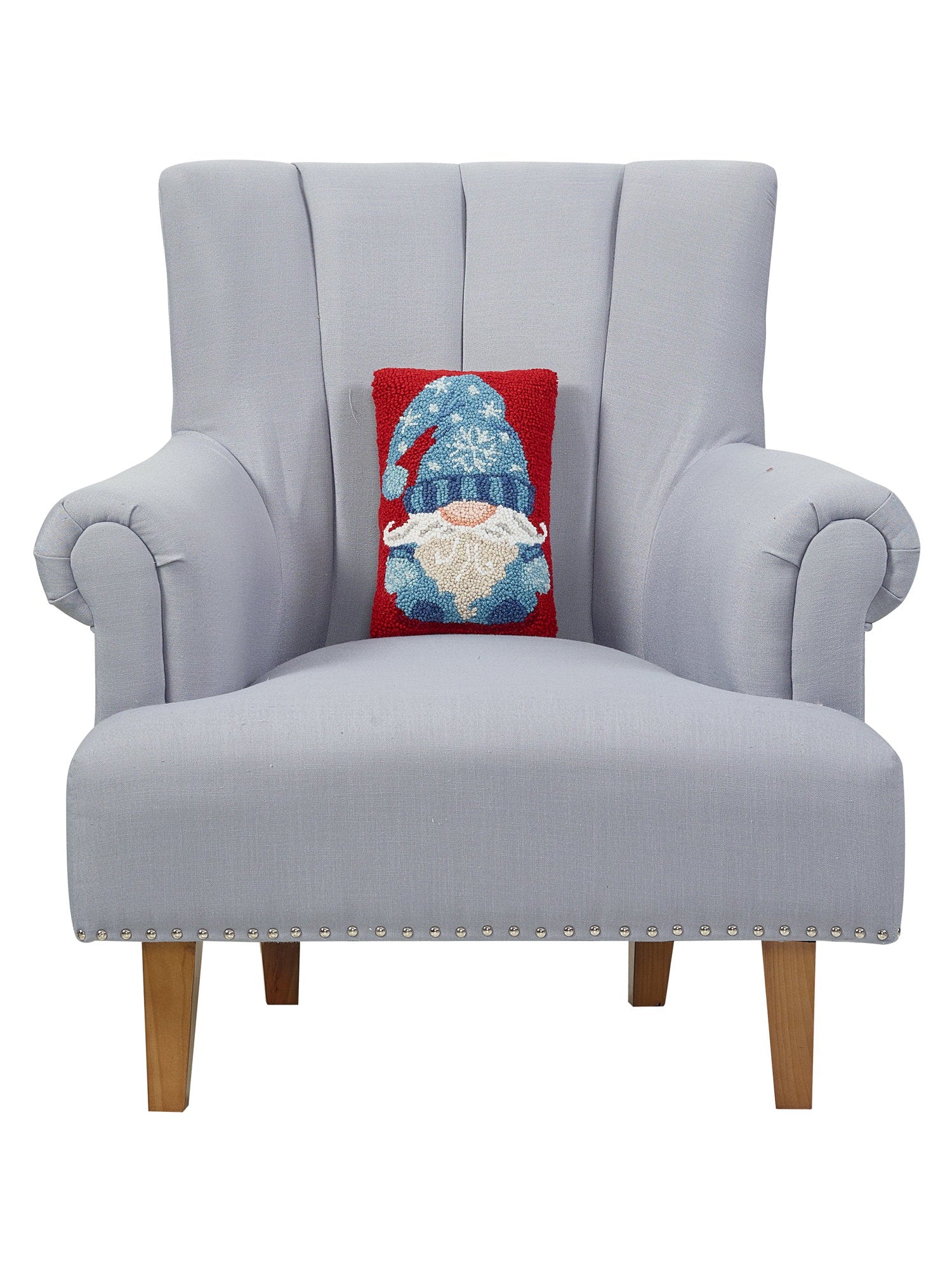 Blue Gnome Hooked Wool Christmas Throw Pillow on an armchair, showing the throw pillow at room scale, 8x12 inch