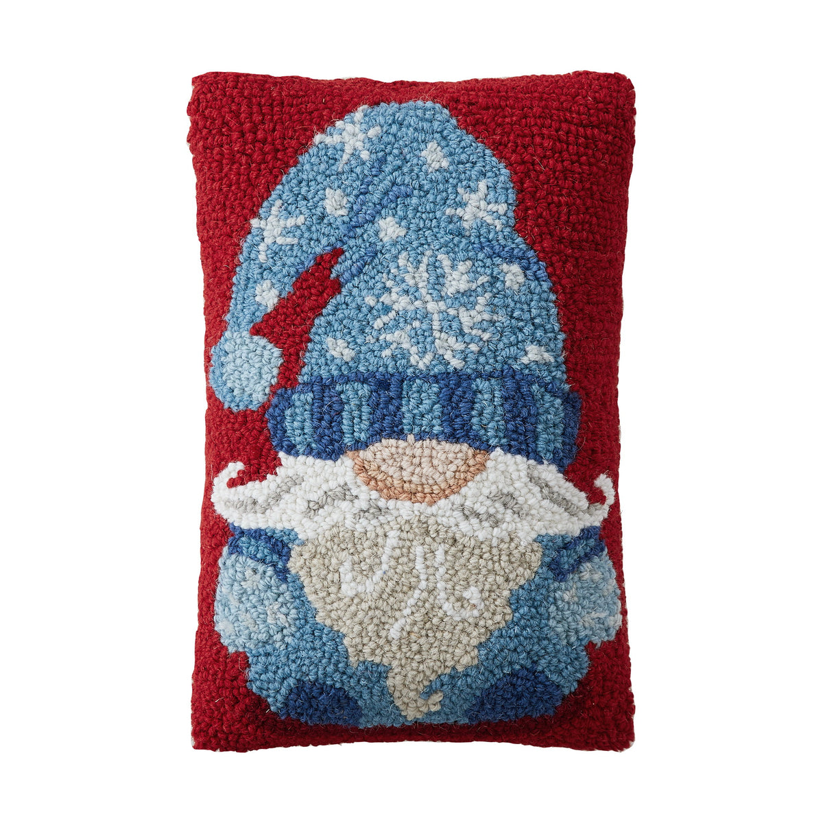 Blue Gnome Hooked Wool Christmas Throw Pillow, 8x12 inch, front view