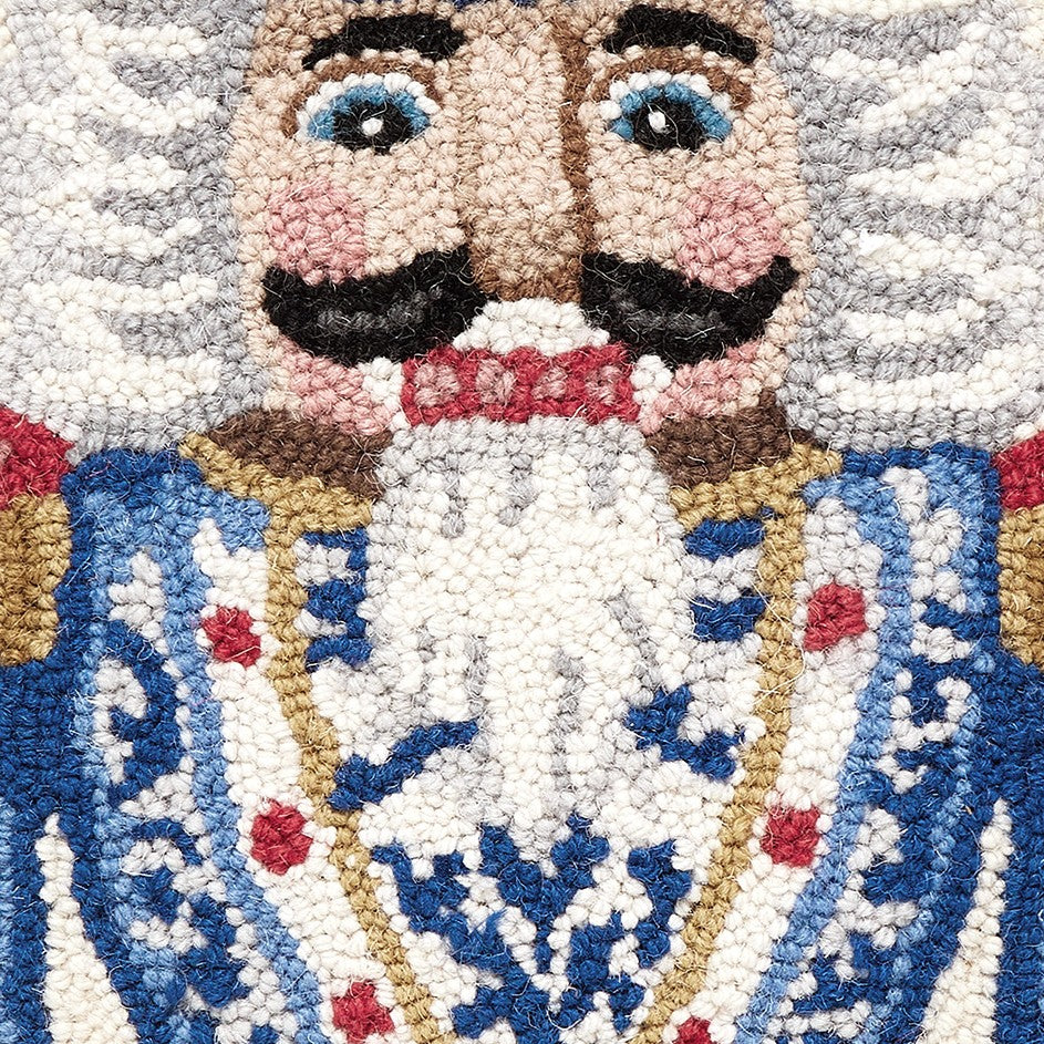Blue Gold Chinoiserie Nutcracker Hooked Wool Christmas Throw Pillow, close-up detail