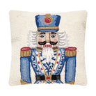 Blue Gold Chinoiserie Nutcracker Hooked Wool Christmas Throw Pillow, 18x18 inch, front view