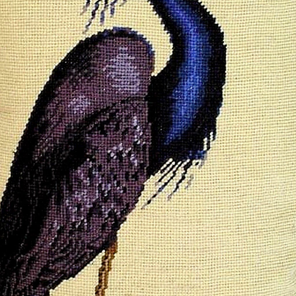 Hand-stitched wool detail of Blue Heron Audubon Bird needlepoint pillow showing intricate weave pattern and texture