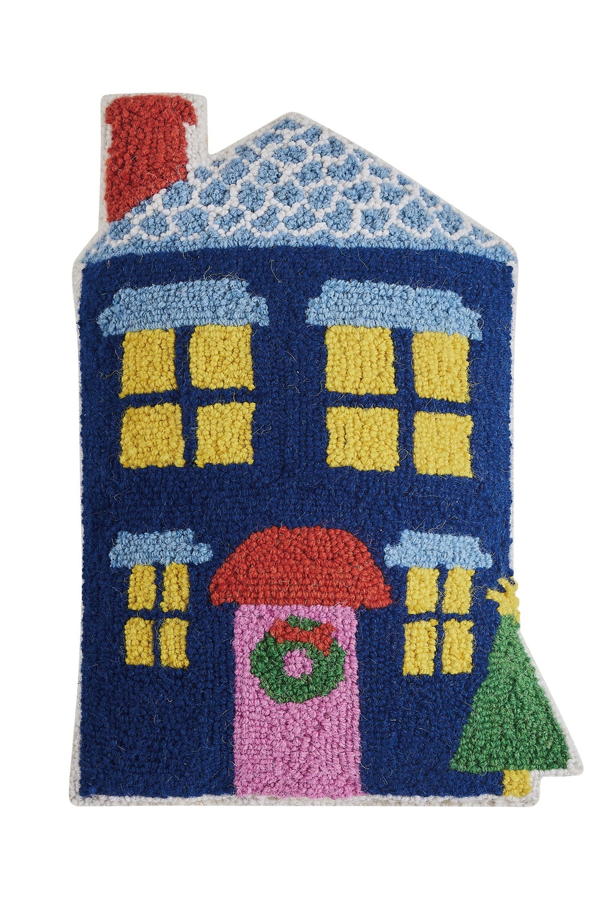 Blue House Shaped Hooked Wool Christmas Throw Pillow, 12x18 inch, front view