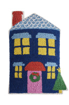 Blue House Shaped Hooked Wool Christmas Throw Pillow, 12x18 inch, front view