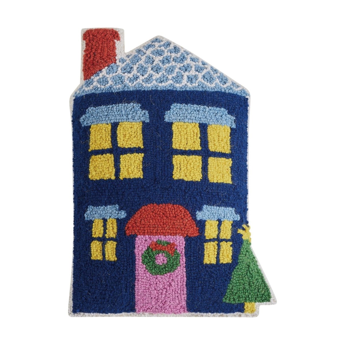 Blue House Shaped Hooked Wool Christmas Throw Pillow, 12x18 inch, front view