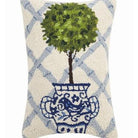 Blue Lattice Ball Topiary Hooked Wool Throw Pillow, close-up detail