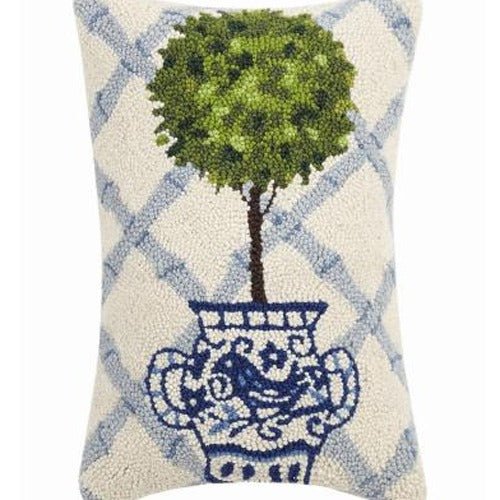 Blue Lattice Ball Topiary Hooked Wool Throw Pillow, close-up detail