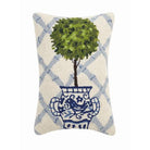 Blue Lattice Ball Topiary Hooked Wool Throw Pillow, 12x18 inch, front view