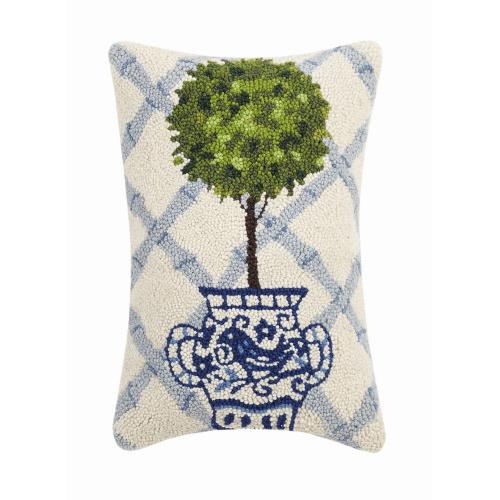 Blue Lattice Ball Topiary Hooked Wool Throw Pillow, 12x18 inch, front view
