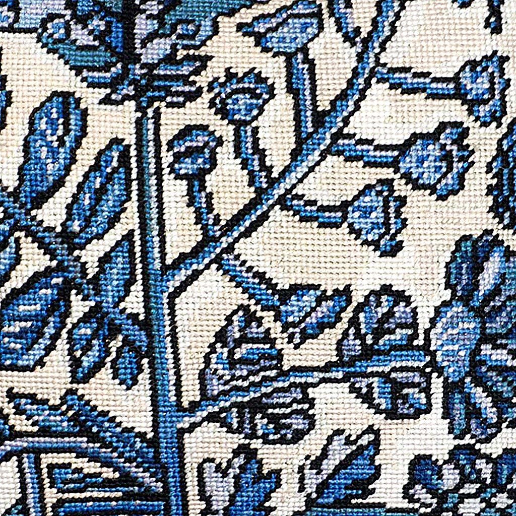 Closeup of Blue Morning Flowers needlepoint throw pillow highlighting hand-stitched wool craftsmanship and fabric detail